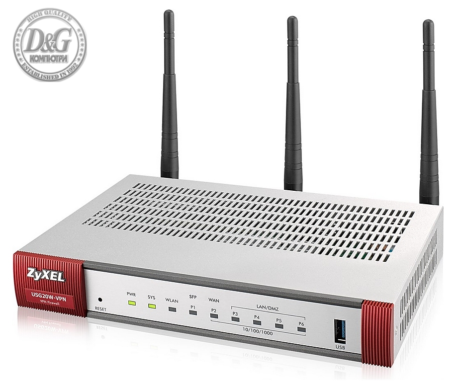 ZyXEL USG20W-VPN Firewall, 802.11ac/n Wireless (3x3/80MHz), 10x VPN (IPSec/L2TP), up to 15 SSL (5 included), 1x WAN, 1x SFP, 4x LAN/DMZ, 1x USB port, Optional: Content Filtering, Antispam (licenses)