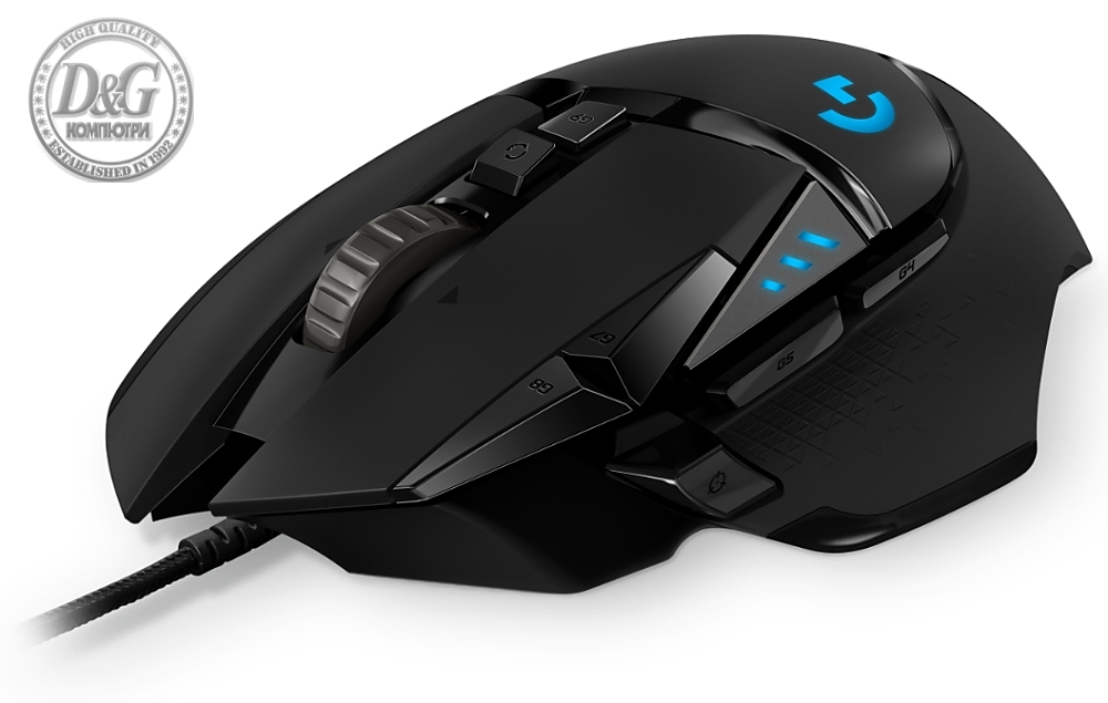Logitech G502 Mouse, Lightsync RGB, HERO 25K DPI Sensor, 400 IPS, 5x3.6g Optional Weights, 11 Programmable Buttons, 114g, Black