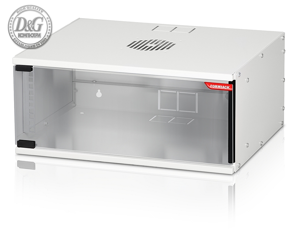 Formrack 19" Wall Mounted rack 4U SOHO 512/400mm, height: 225mm, loading capacity: 50kg., tempered glass door, 19" front rails