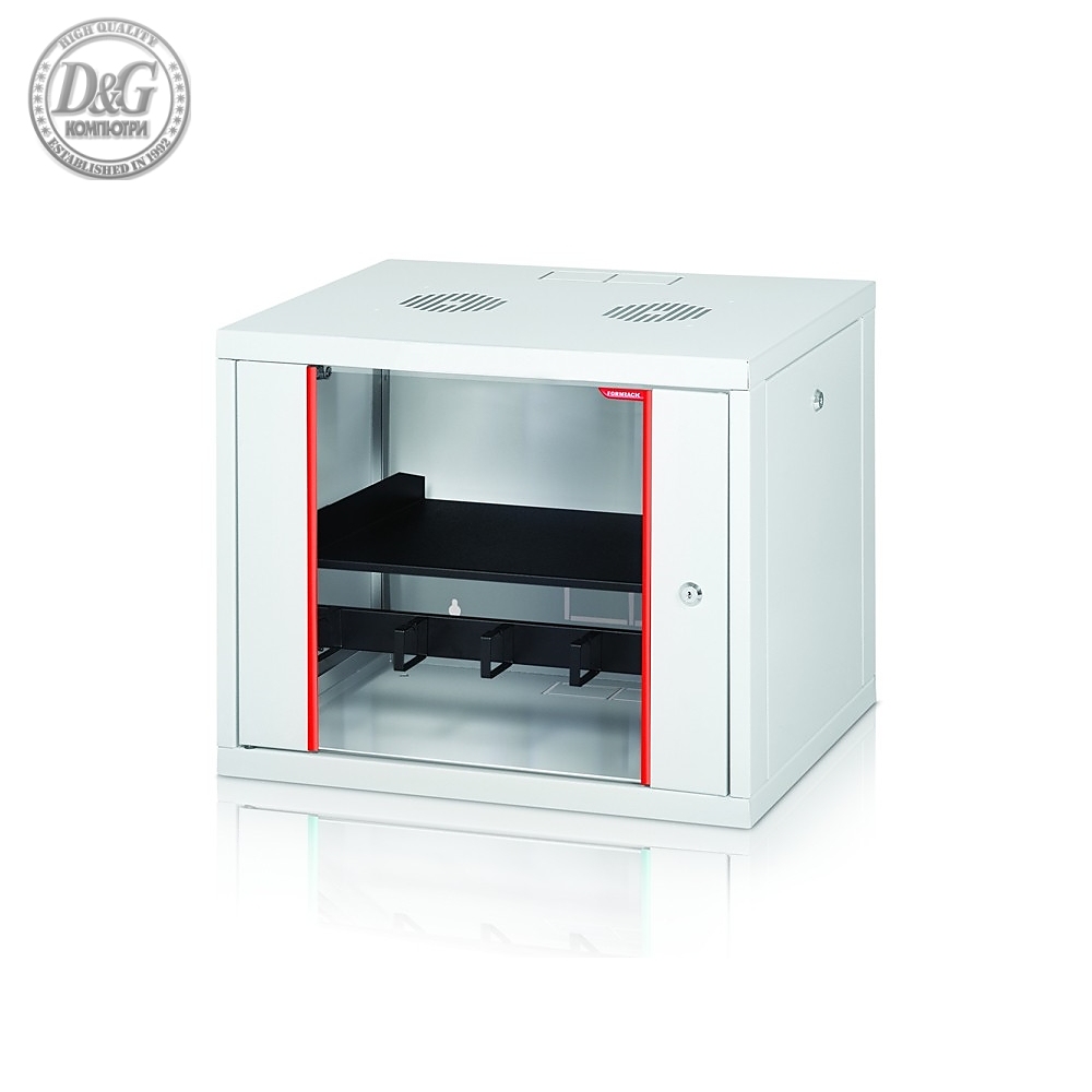Formrack 19" Wall Mounted rack 7U 555/450mm, removable locking sides, height: 371mm, loading capacity: 100kg., tempered glass door, 19" front rails (back rails optionable)