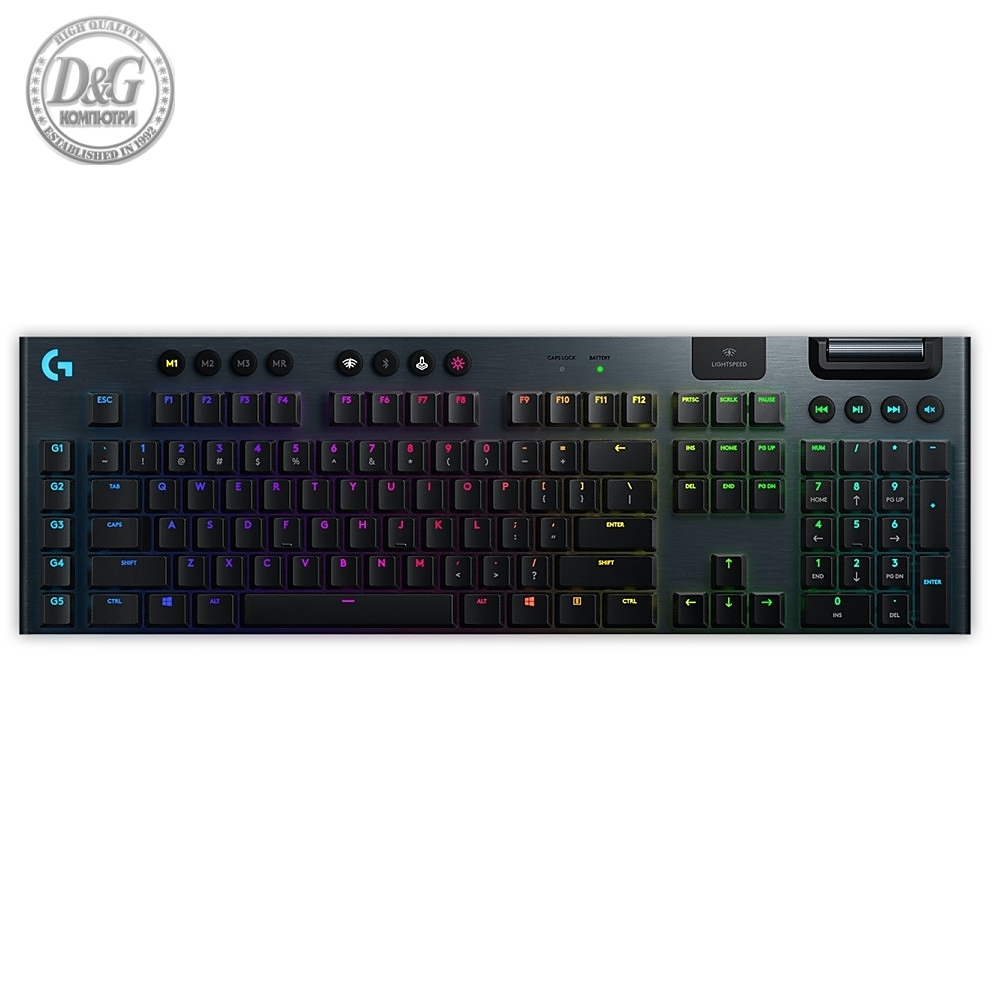 Logitech G915 Wireless Keyboard, GL Clicky Low Profile, Lightspeed Wireless, Lightsync RGB, 5 Marco G-Keys, 3 On-Board Profiles, Game Mode, Media Controls, Carbon