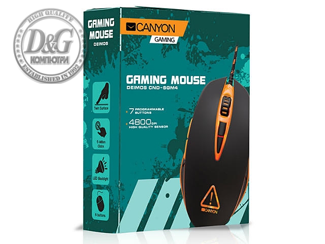 CANYON Optical gaming mouse, adjustable DPI setting 800/1600/2400/4800, LED backlight, Black, cable length 1.55m, 126*70*42mm, 0.144kg