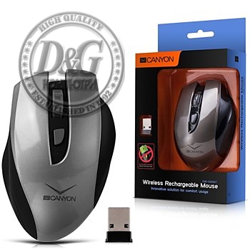 CANYON 2.4GHz Wireless Rechargeable Mouse with 4 buttons, innovative solution for comfort usage, requires no batteries, the ability to charge from the USB port and from the usual outlets, up to 14 days on a single charge, sensor resolution 800/1200/1600 D