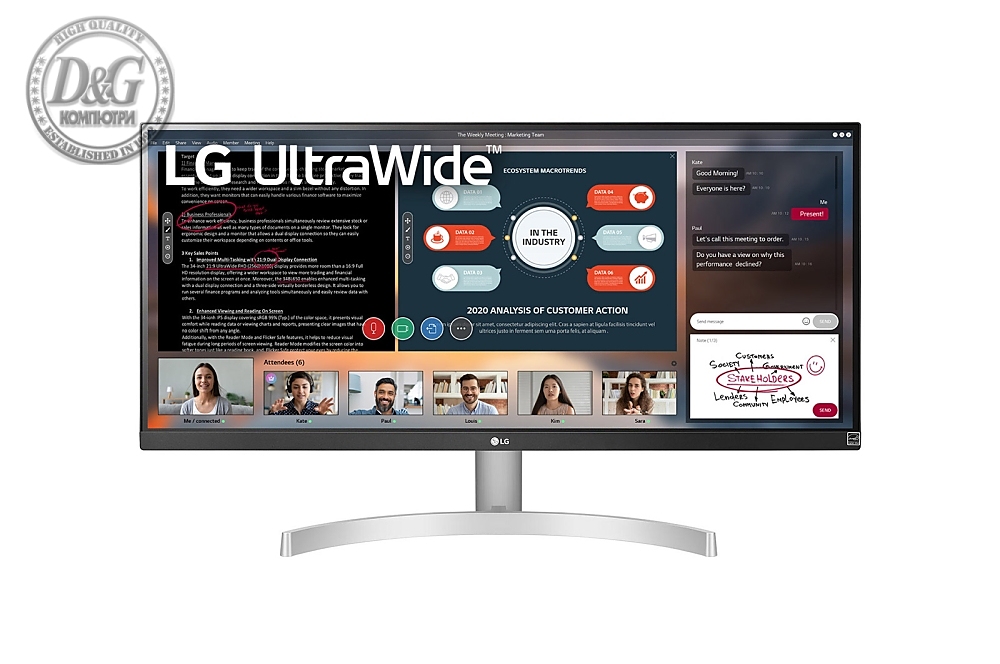 LG 29WN600-W, 29" UltraWide AG, IPS Panel, 5ms, CR 1000:1, 250 cd/m2, 21:9, 2560x1080, HDR 10, sRGB over 99% , Radeon FreeSync, 75Hz, Reader Mode, HDMI, DisplayPort, Tilt, speacers MaxxAudio 7w, Headphone Out, Black