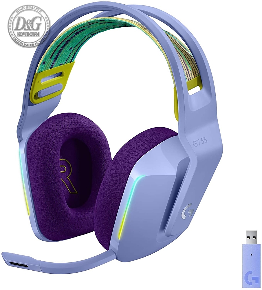 Logitech G733 Wireless Headset, Lightsync RGB, Lightspeed Wireless, PRO-G 40 mm Drivers, DTS Headphone:X 2.0 Surround, Blue Voice Microphone, 278 g, Lilac