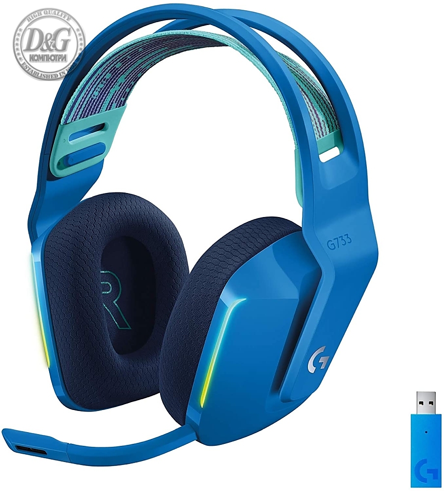 Logitech G733 Wireless Headset, Lightsync RGB, Lightspeed Wireless, PRO-G 40 mm Drivers, DTS Headphone:X 2.0 Surround, Blue Voice Microphone, 278 g, Blue