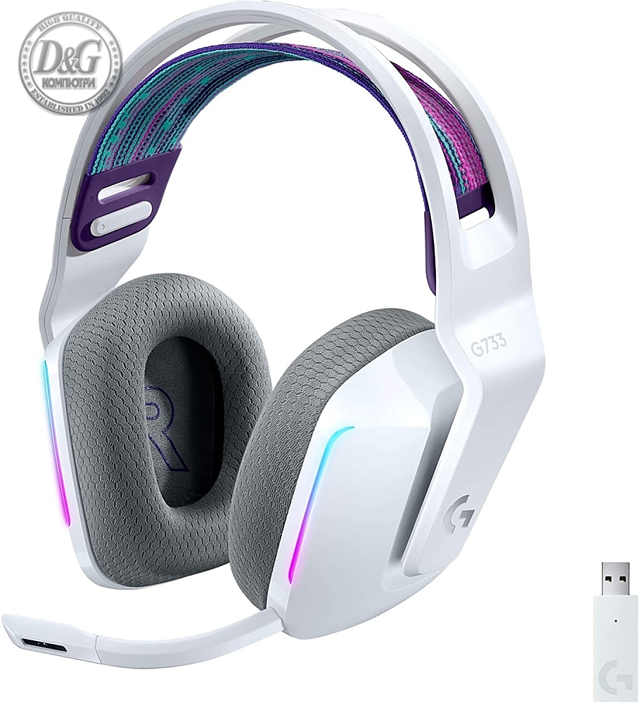 Logitech G733 Wireless Headset, Lightsync RGB, Lightspeed Wireless, PRO-G 40 mm Drivers, DTS Headphone:X 2.0 Surround, Blue Voice Microphone, 278 g, White