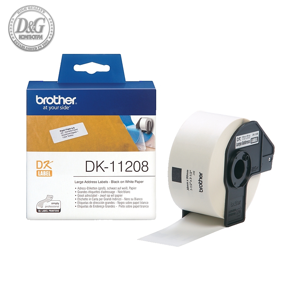 Brother DK-11208 Large Address Paper Labels, 38mmx90mm, 400 labels per roll, (Black on White)