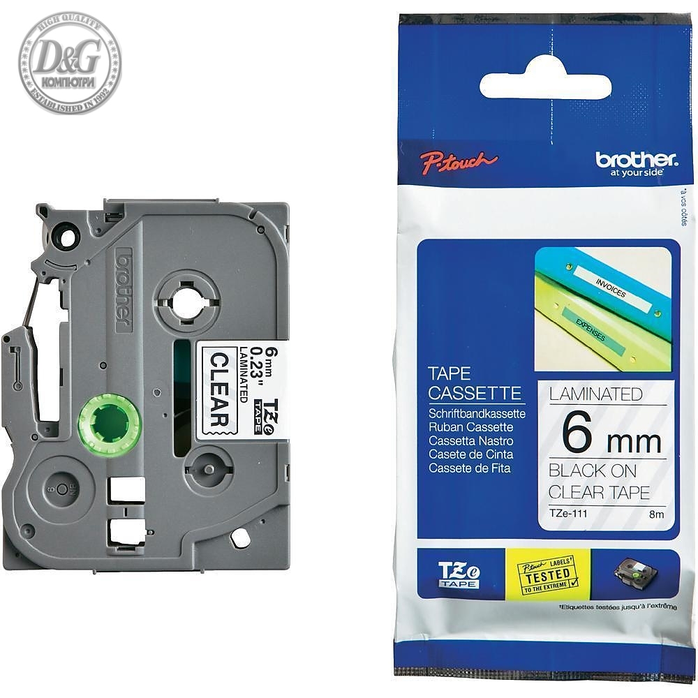 Brother TZe-111 Tape Black on Clear, Laminated, 6mm - Eco