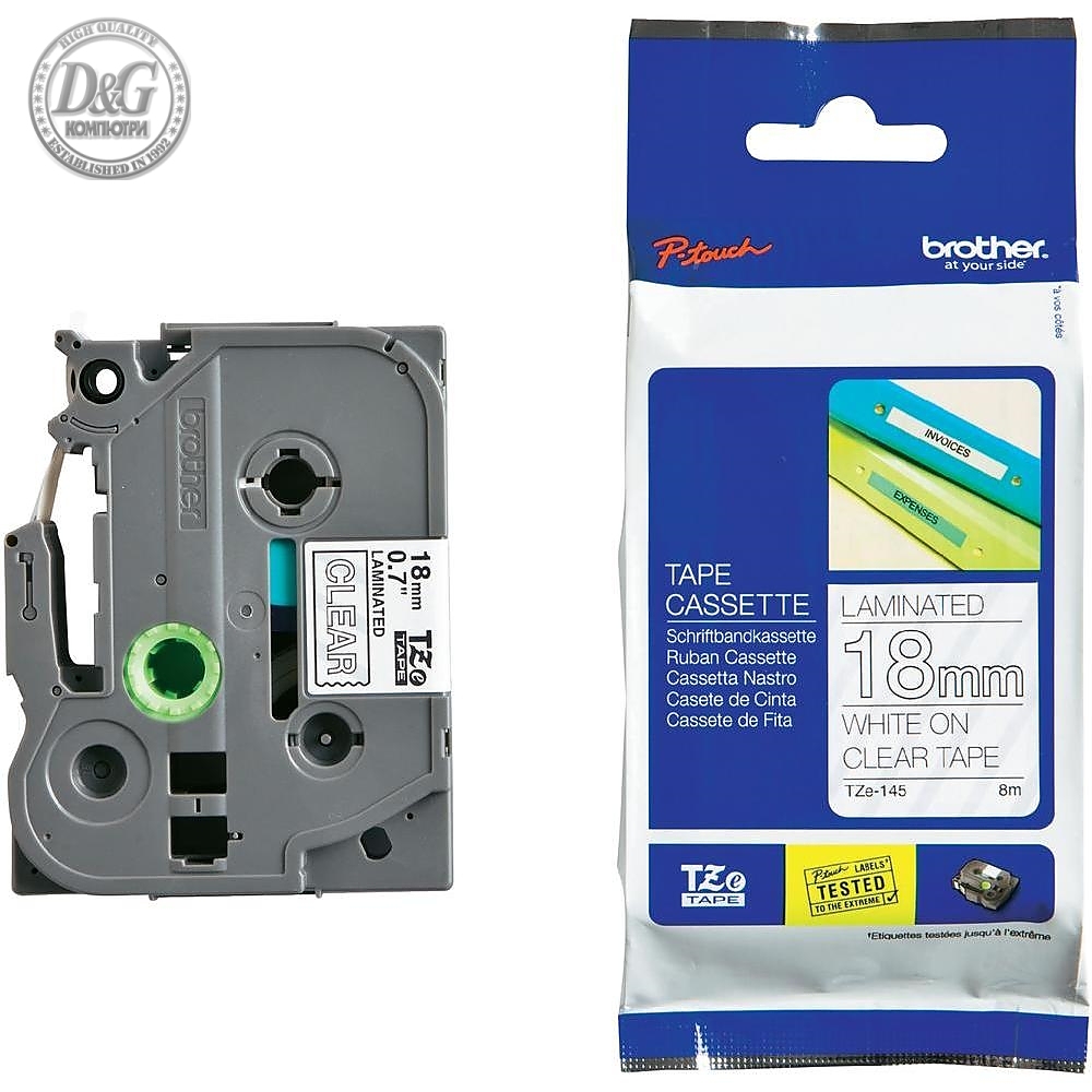 Brother TZe-145 Tape White on Clear, Laminated, 18mm, 8m - Ecos