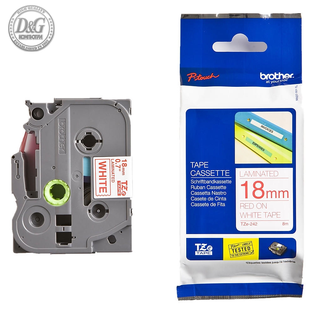 Brother TZe-242 Tape Red on White, Laminated, 18mm, 8m - Eco