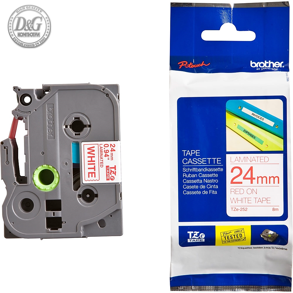 Brother TZe-252 Tape Red on White, Laminated, 24mm, 8 m - Eco