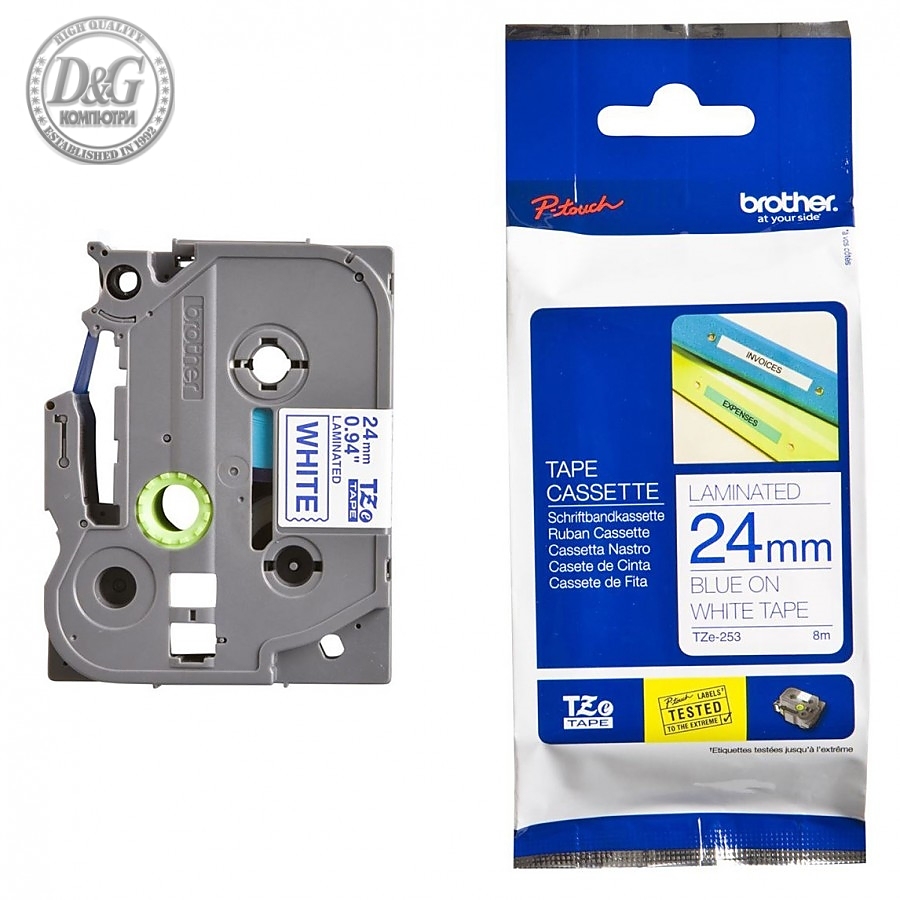 Brother TZe-253 Tape Blue on White, Laminated, 24mm, 8 m - Eco