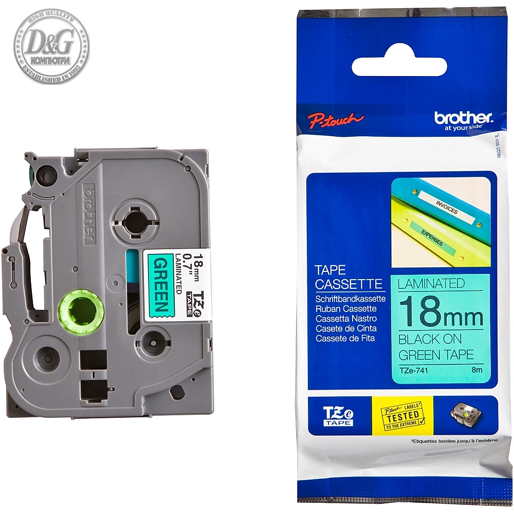 Brother TZe-741 Tape Black on Green, Laminated, 18mm, 8 m - Eco