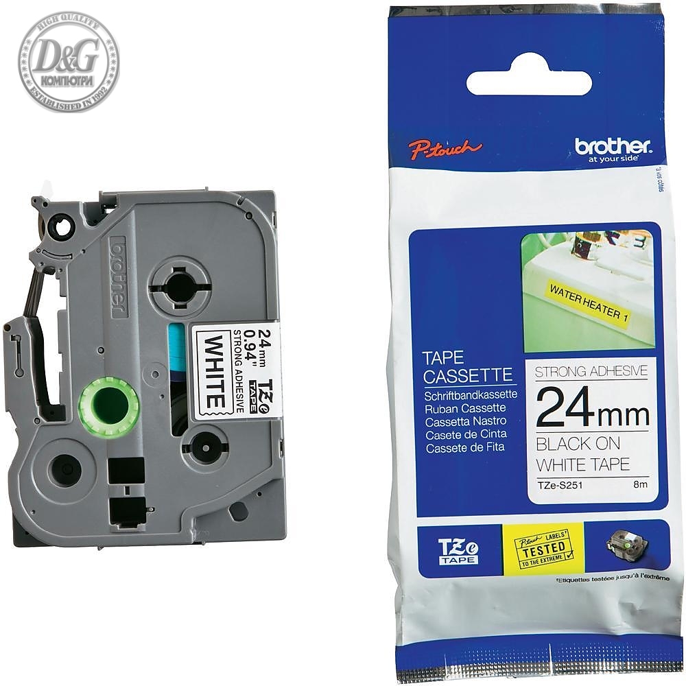 Brother TZe-S251 Tape Black on White, Strong Adhesive, 24mm, 8 m - Eco