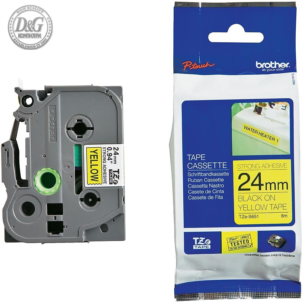 Brother TZe-S651 Tape Black on Yellow, Strong Adhesive, 24mm, 8 m - Eco