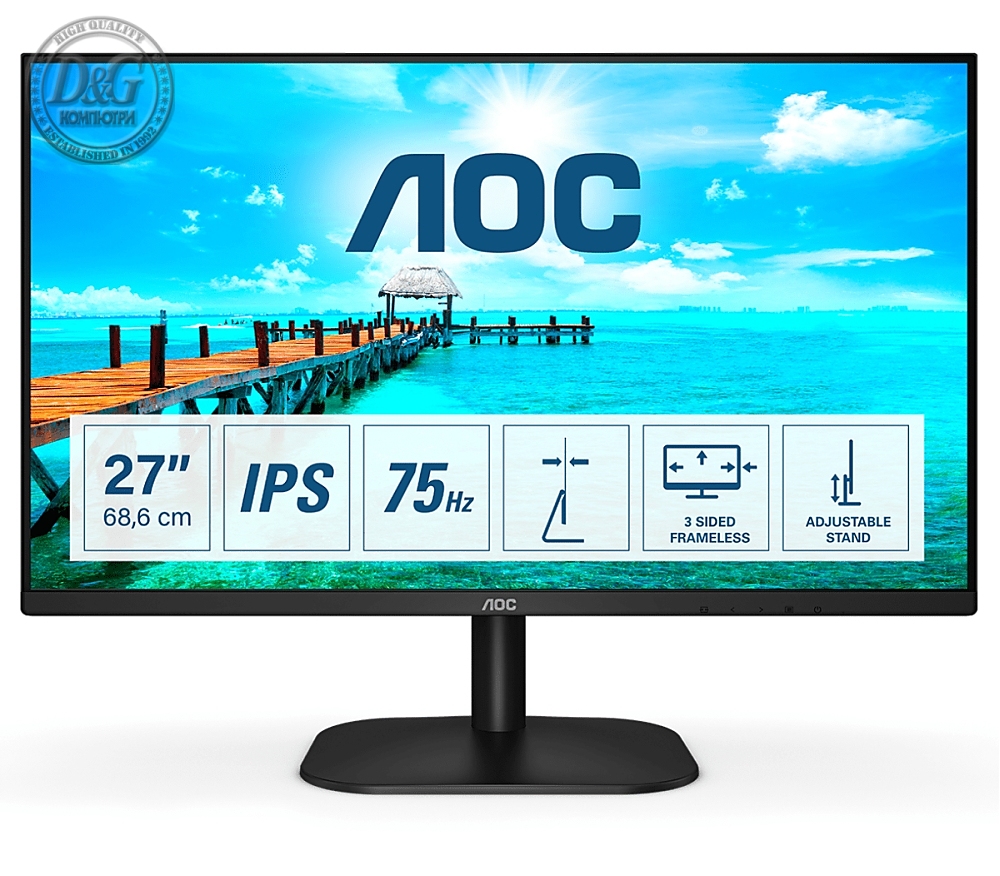 AOC 27B2DA, 27" IPS WLED, 1920x1080@75Hz, 4ms GtG, 250cd/m2, 1000:1. DC20M:1, Adaptive Sync, FlickerFree, Low Blue Light, 2Wx2, Tilt, D-SUB, DVI, HDMI