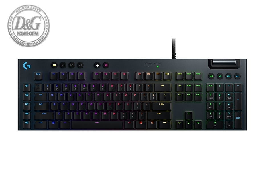 Logitech G815 Keyboard, GL Linear Low Profile, Lightsync RGB, 5 Marco G-Keys, 3 On-Board Profiles, Game Mode, USB Passthrough Data/Power, Media Controls, Carbon