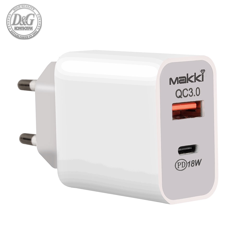 Makki ±ър·о ·°рядно Fast Charger Wall - QC3.0 + Power Distribution Type-C 18W White - MAKKI-PQ18W-WH