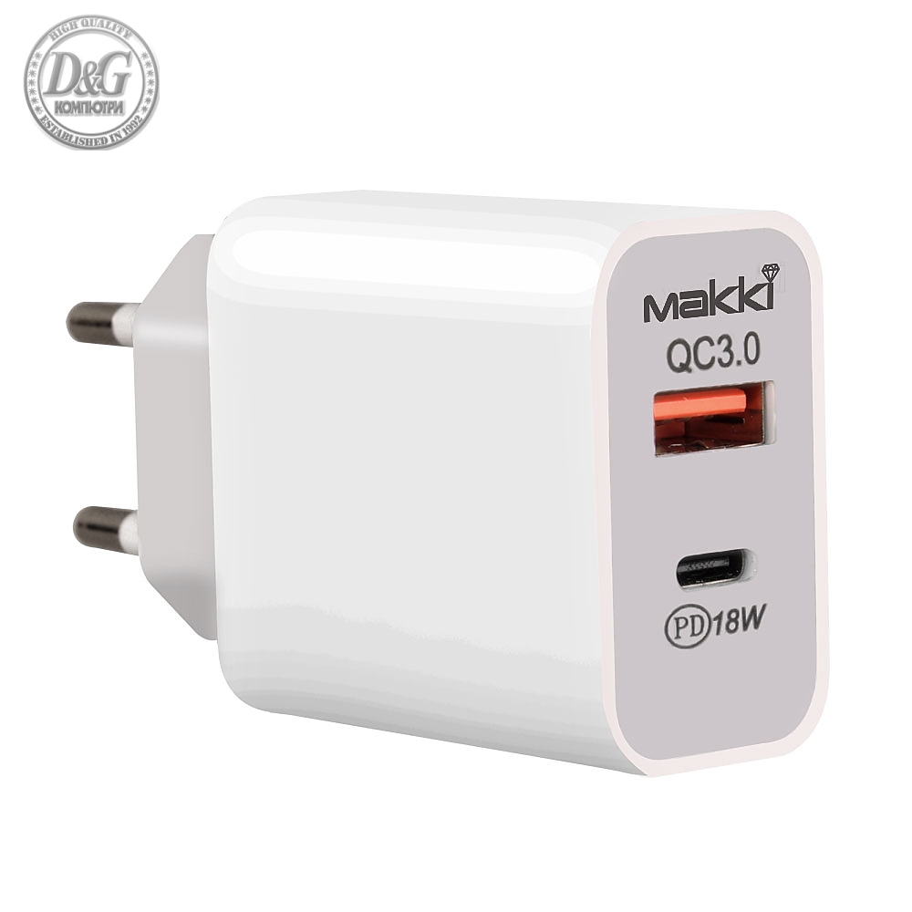 Makki бързо зарядно Fast Charger Wall - QC3.0 + Power Distribution Type-C 18W White - MAKKI-PQ18W-WH