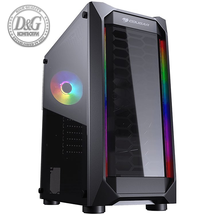 Chassis COUGAR MX410, Mid Tower, Mini ITX / Micro ATX / ATX, 210 x 455 x 380(mm), USB3.0 x 2,USB2.0 x 2,Mic x 1/Audio x 1, RGB Control Button,Front Panel: Acrylic with RGB strips, Pre-installed Fans: Rear 120mm x 1 RGB, Acrylic Transparent Left Panel