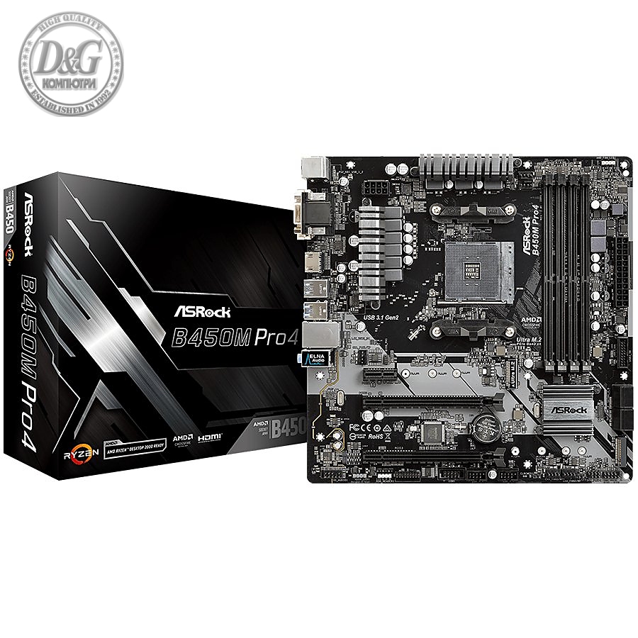 ASROCK Main Board Desktop B450M PRO4 (AM4 B450, 4xDDR4,PCIe 3.0 x16,PCIe 2.0 x1, M.2, 4 SATA3, Type -C, 7 USB,VGA, DVI, HDMI) mATX