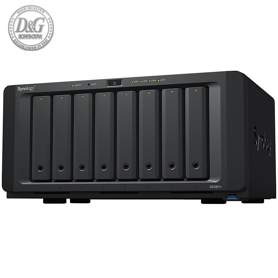 Synology DiskStation DS1821+, Tower, 8-Bay 3.5'' SATA HDD/SSD, 2 x M.2 2280 NVMe SSD, CPU AMD Ryzen Quad-core 2.2 GHz, 4 GB DDR4 ECC SODIMM, 4 x RJ-45 1GbE LAN, 4 x USB 3.2 Gen 1, 2 x eSATA (expandable to 15 with 2x DX517), 1 x PCIe Gen3 x8, 6kg,3y w
