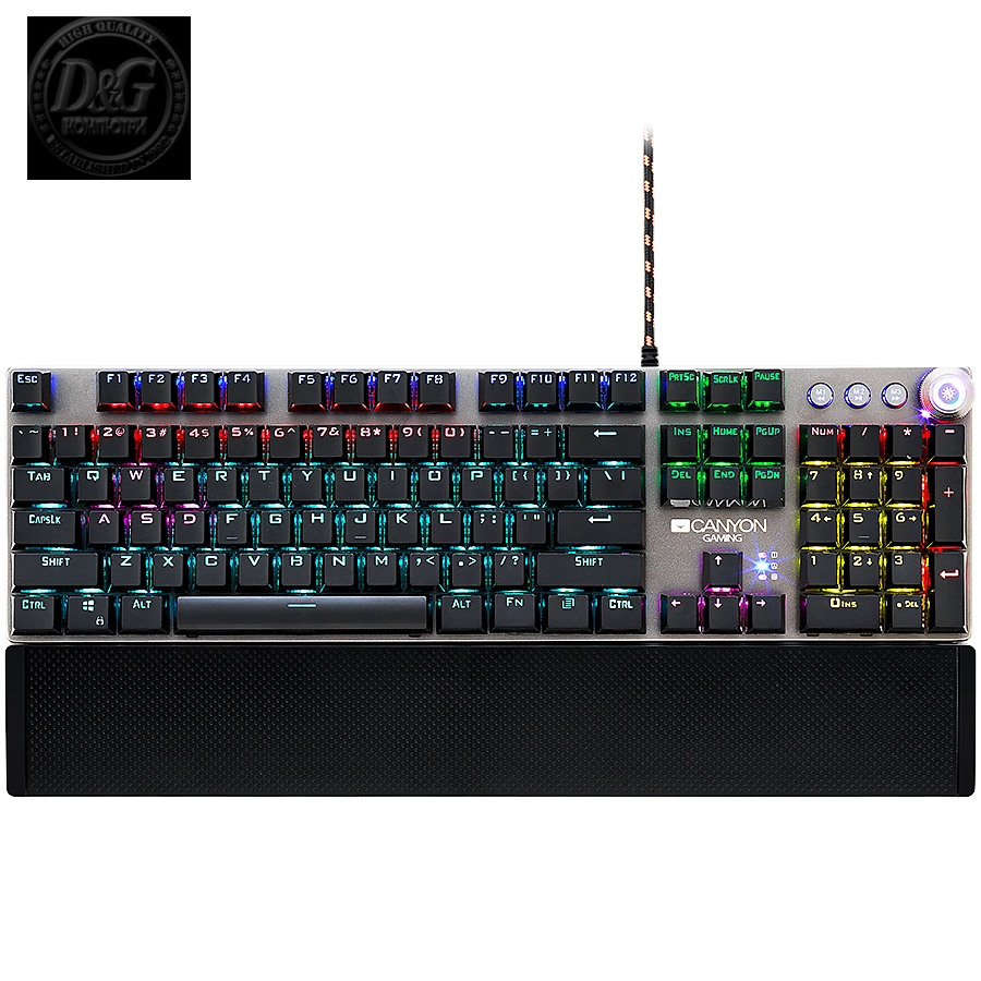 CANYON Wired Gaming Keyboard,Black 104 mechanical switches,60 million times key life, 22 types of lights,Removable magnetic wrist rest,4 Multifunctional control knob,Trigger actuation 1.5mm,1.6m Braided cable,US layout,dark grey, size:435*125*37.47mm, 840