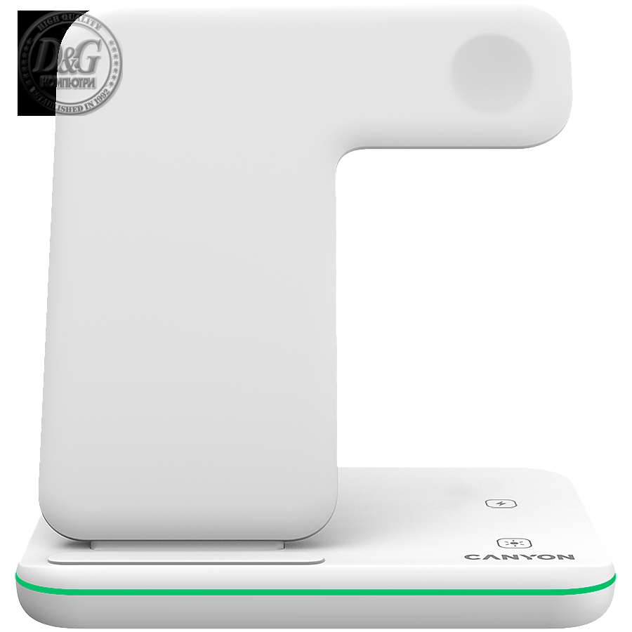 CANYON WS-303 3in1 Wireless charger, with touch button for Running water light, Input 9V/2A, 12V/2A, Output 15W/10W/7.5W/5W, Type c to USB-A cable length 1.2m, 137*103*140mm, 0.22Kg, White