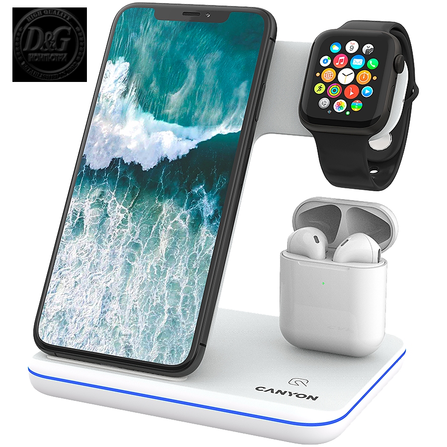 CANYON WS-302 3in1 Wireless charger, with touch button for Running water light, Input 9V/2A, 12V/2A, Output 15W/10W/7.5W/5W, Type c to USB-A cable length 1.2m, 137*103*140mm, 0.22Kg, White