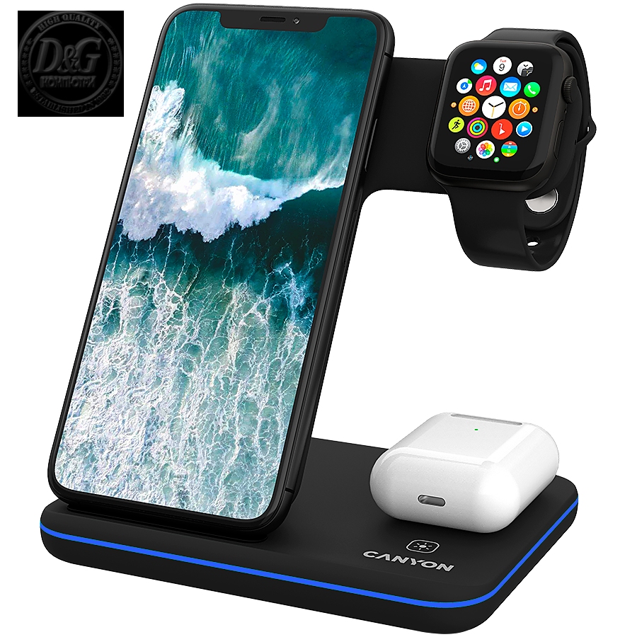 CANYON WS-303 3in1 Wireless charger, with touch button for Running water light, Input 9V/2A, 12V/2A, Output 15W/10W/7.5W/5W, Type c to USB-A cable length 1.2m, 137*103*140mm, 0.195Kg, Black