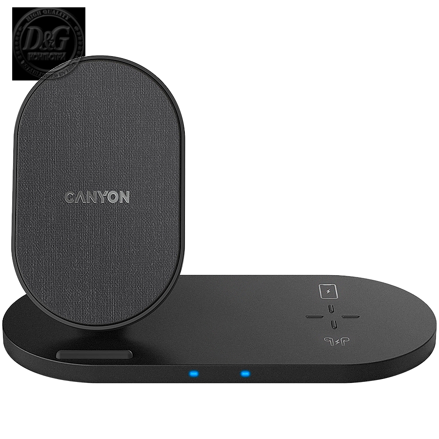 CANYON WS-202 2in1 Wireless charger, Input 5V/3A, 9V/2.67A, Output 10W/7.5W/5W, Type c cable length 1.2m, PC+ABS,with PU part ,180*86*111.1mm, 0.185Kg,Black