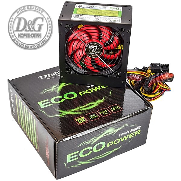 TS Eco Power Supply TrendSonic AC 115/230V, 50/60Hz, DC 3.3/5/12V, 600W, 20+4 pin, 4 x SATA, 2 x IDE, 1XPCIE6P, Cable Length: 450mm, power cable 1.5M incl., 1x120,Efficiency 80%