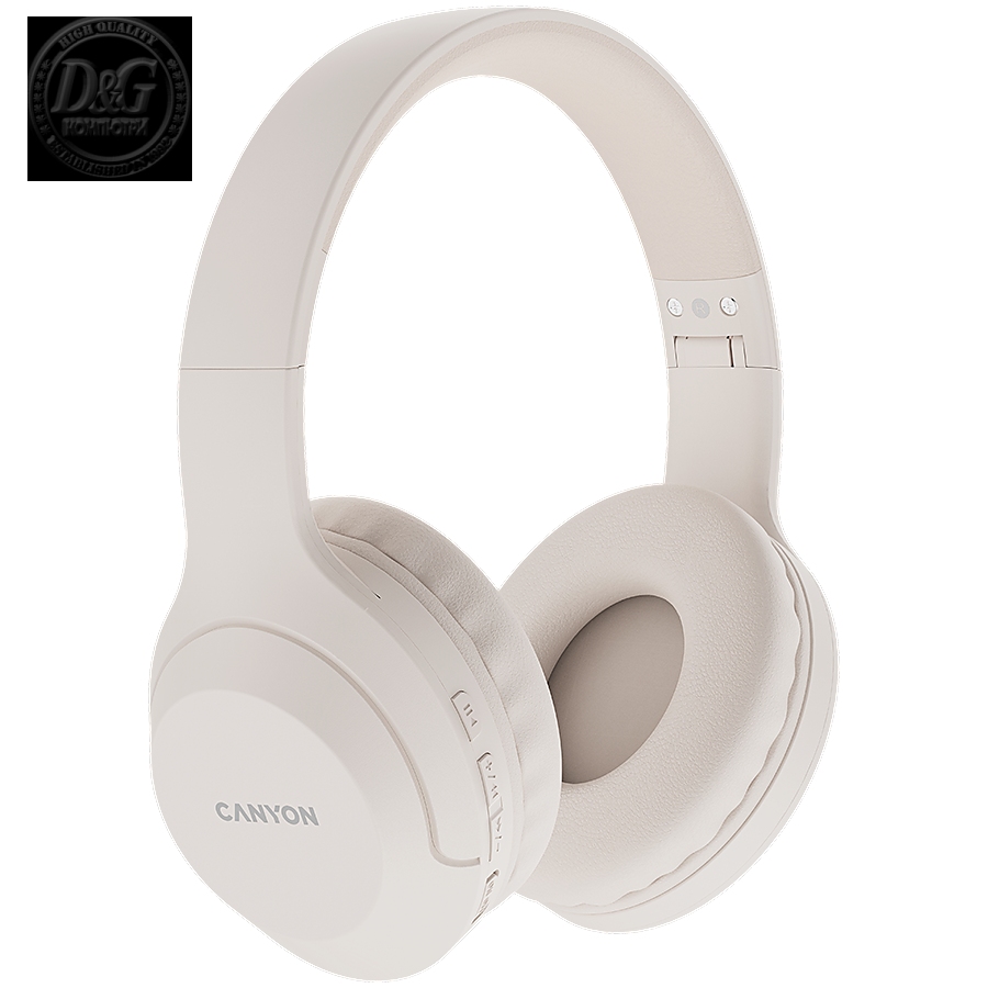 CANYON BTHS-3, Bluetooth headset,with microphone, BT V5.1 JL6956, battery 300mAh, Type-C charging plug, PU material, size:168*190*78mm, charging cable 30cm and audio cable 100cm, Beige