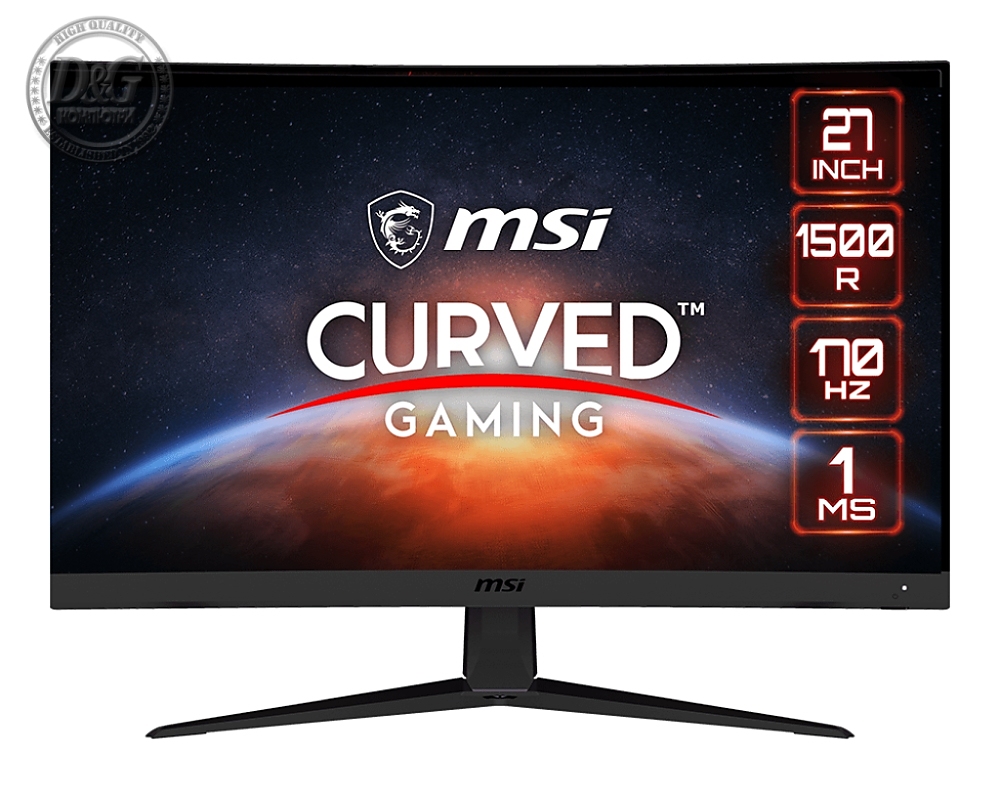 MSI Optix G27CQ5, 27", 1ms, 170Hz, VA, WQHD 2560x1440, CURVED 1500R, AG, 91% DCI-P3, FreeSync, Anti-Flicker, LBL, Night Vision, 250 cd/m2, Contrast 3000:1, DCR 100M:1, 2 x HDMI 2.0, DP, 1x Earphone out , Tilt, VESA100, Frameless, 9S6-3CB01T-034