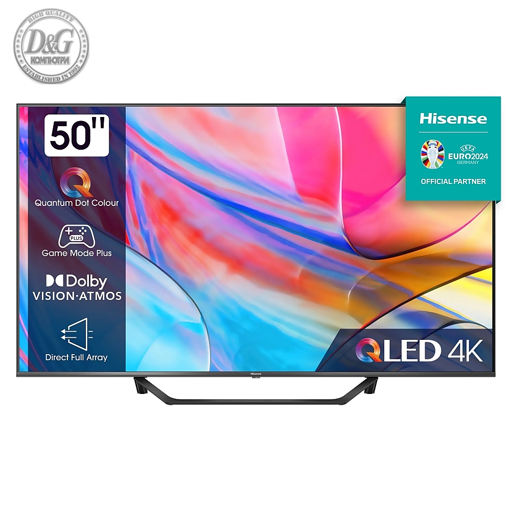 Hisense 50" A7KQ, 4K Ultra HD 3840x2160, QLED, FALD, Quantum Dot, HDR 10+, HLG, Dolby Vision, Dolby Atmos, Smart TV, WiFi 5GHz, WiFi Direct, BT, Anyview Cast, 3xHDMI, 2xUSB, LAN, CI+, DVB-T2/C/S2, Dark Grey