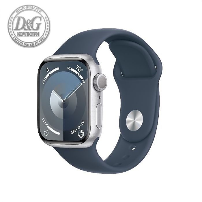 Apple Watch Series 9 GPS 41mm Silver Aluminium Case with Storm Blue Sport Band - S/M