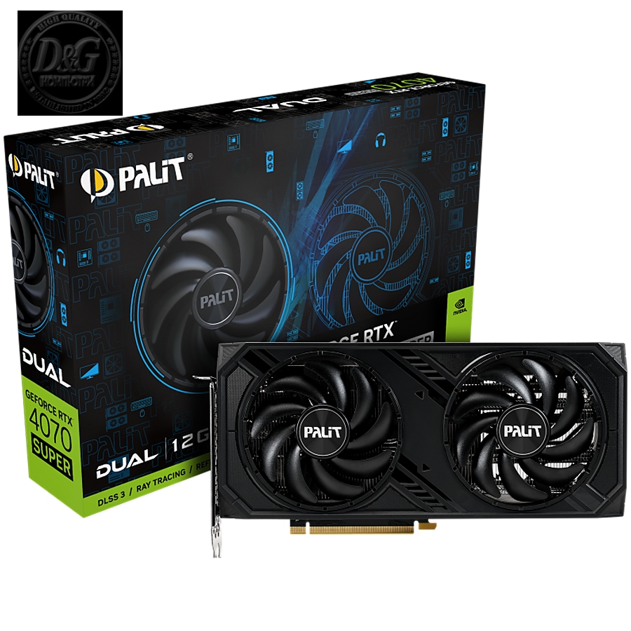 Palit RTX 4070 Super Dual 12GB GDDR6X, 192 bit, 1x HDMI 2.1a, 3x DP 1.4a, 2 Fan, 1x 16-pin Power connector, recommended PSU 750W, NED407S019K9-1043D