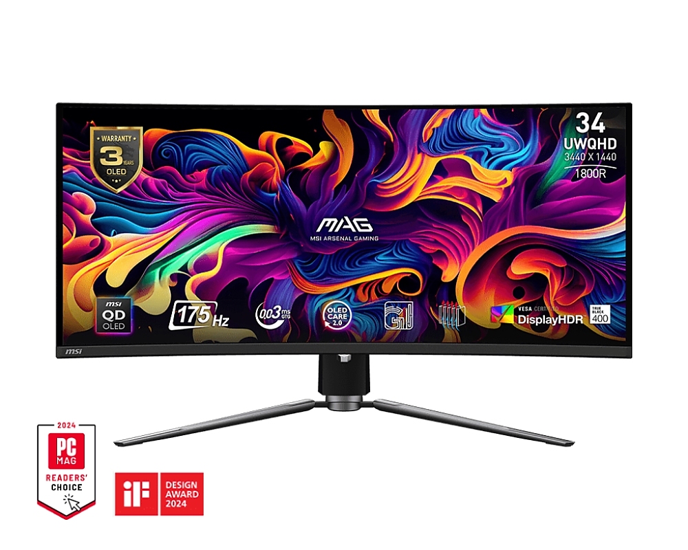 MSI MAG 341CQP QD-OLED, 34", 175Hz, 0.03ms, UWQHD 3440x1440, Oled Care 2.0, Fanless with Graphene, ClearMR 9000, HDR, KVM, 250 nits, 1500000:1, 100M;1, DP (1.4a), 2x HDMI (2.1), Type-C (DP alt. PD 15W), USB HUB, Adj.Stand 100mm, VES, 9S6-3DD04T-001