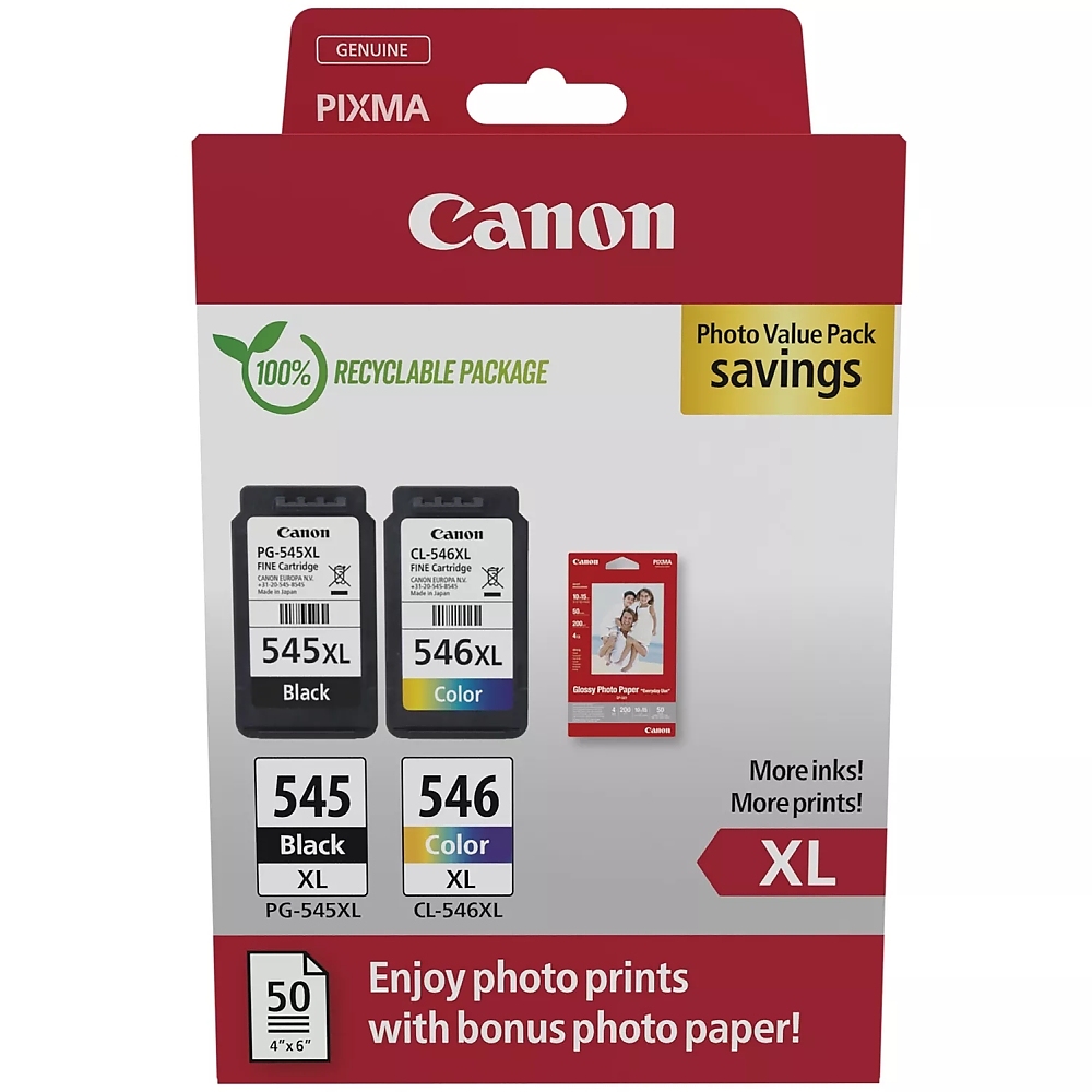 Canon PG-545XL/CL-546XL PVP + Canon Photo Paper Variety Pack A4 & 10 x 15cm (VP-101)