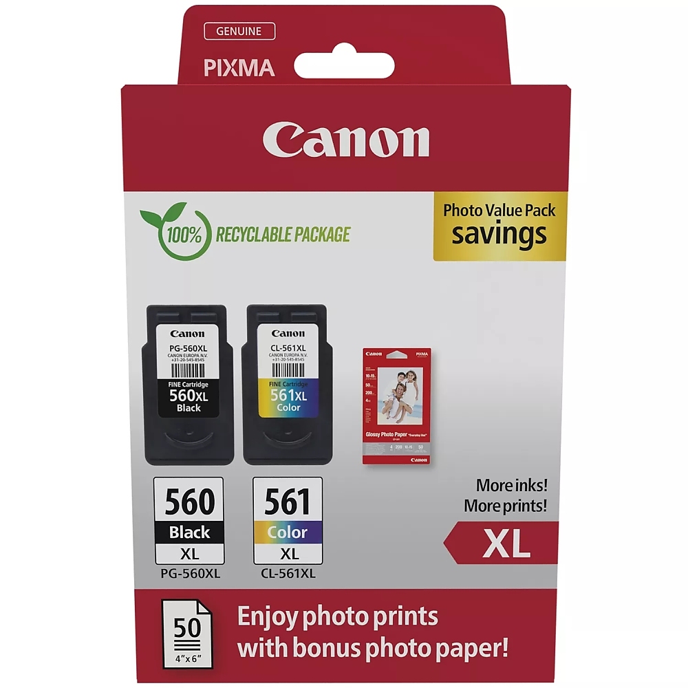 Canon PG-560XL / CL-561XL PVP + Canon Photo Paper Variety Pack A4 & 10 x 15cm (VP-101)