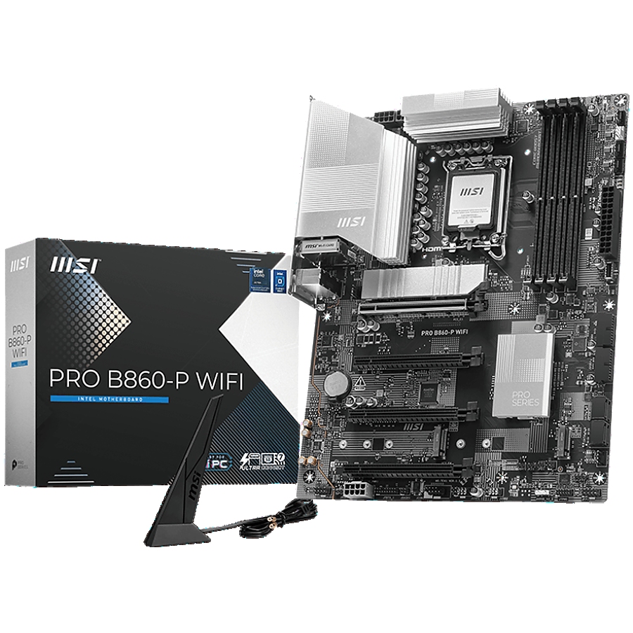 MSI PRO B860-P WIFI, ATX, LGA 1851, 4x DDR5 Dual Channel DDR5 up to 8600(OC)MHz, 4x PCIe x16 slot, 3x M.2 slot, 4x USB 2.0, 2x USB 5Gbps, 2x USB 10Gbps, 1x USB 40Gbps Type-C, HDMI, DP, 7.1 HD Audio, 5G LAN, WiFi, BT, 3Y