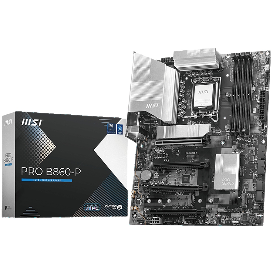 MSI PRO B860-P, ATX, LGA 1851, 4x DDR5 Dual Channel DDR5 up to 8600(OC)MHz, 4x PCIe x16 slot, 3x M.2 slot, 4x USB 2.0, 2x USB 5Gbps, 2x USB 10Gbps, 1x USB 40Gbps Type-C, HDMI, DP, 7.1 HD Audio, 5G LAN, 3Y