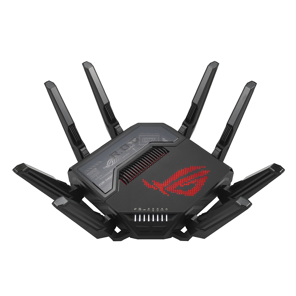 Asus Gaming Wireless Router, ROG Rapture GT-BE98, BE25000, Quad-Band, Quad-Core 2.6GHz CPU, 256MB/2GB Flash/RAM, 10G dual-port, 2.5G quad-port, AiProtection Pro, RangeBoost Plus, AiRadar TX, open NAT, VPN Fusion, multiple SSIDs, IPTV, RGB, AiMesh, Black