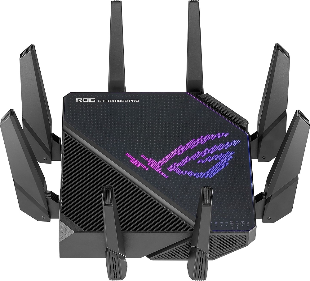 Asus Gaming Wireless Router,ROG Rapture GT-AX11000 Pro, AX11000, Tri-Band, Quad-Core 2.0GHz CPU, 256MB/1GB Flash/RAM, 10G port, AiProtection Pro, Adaptive QoS, VPN Fusion, IPTV, OFDMA, MU-MIMO, Beamforming, Link Aggregation, Port forwarding, AiMesh, Black