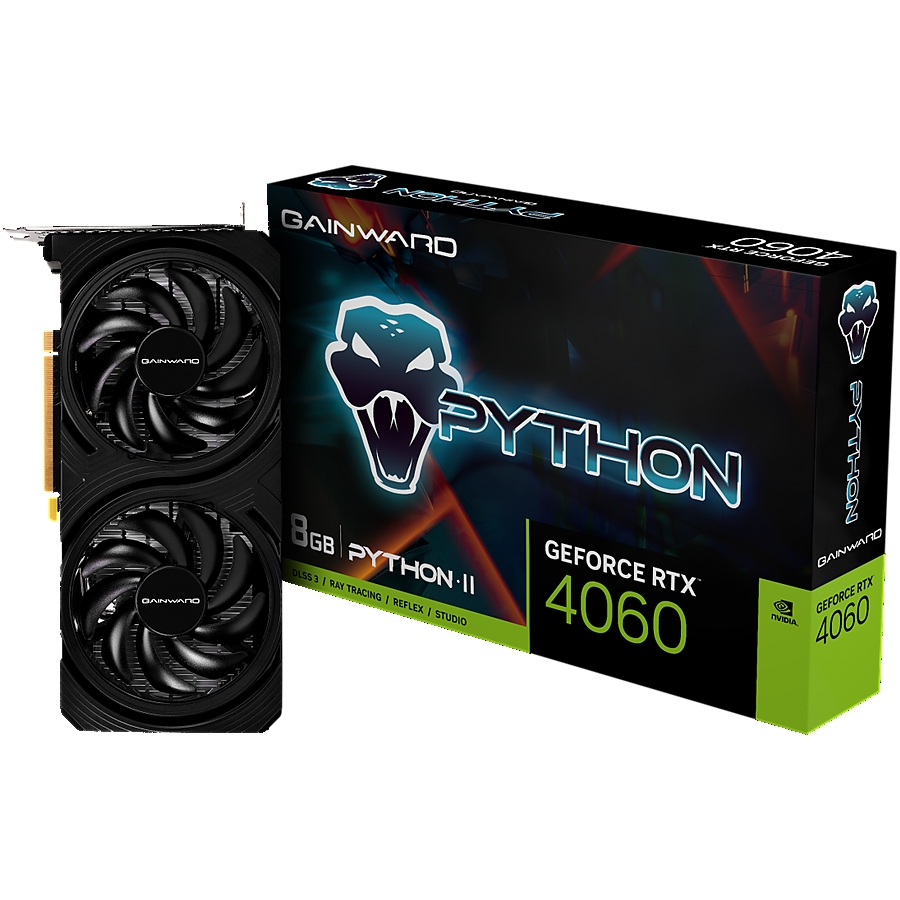 Gainward GeForce RTX 4060 Python II, 8GB GDDR6, 128bit, 1x HDMI 2.1, 3x DP 1.4a, two fan, 1x 8-pin Power connector, recommended PSU 600W, NE64060019P1-1070V