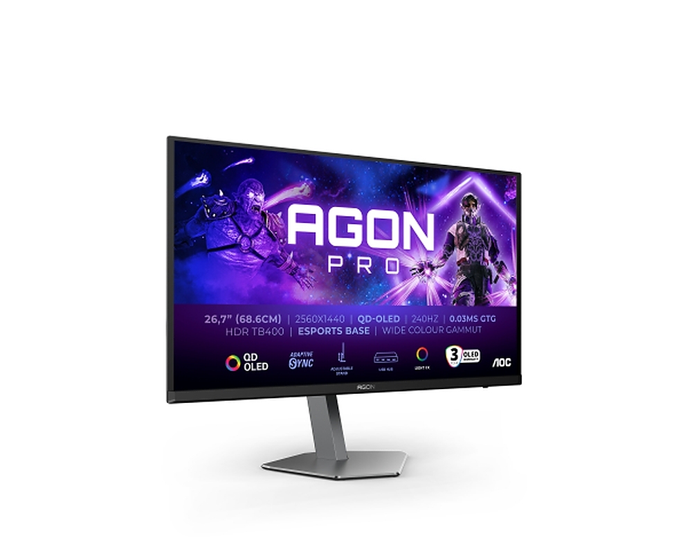 AOC AG276QZD2, 26.7" QD-OLED, 2560x1440@240Hz, 0.03GtG, 1000cd m/2, 1.5M:1, 80M:1 DCR, Adaptive Sync, FlickerFree, Low Blue Light, 5Wx2, Tilt, Height Adjust, Pivot, Swivel, 2xHDMI, 2xDP, USB hub