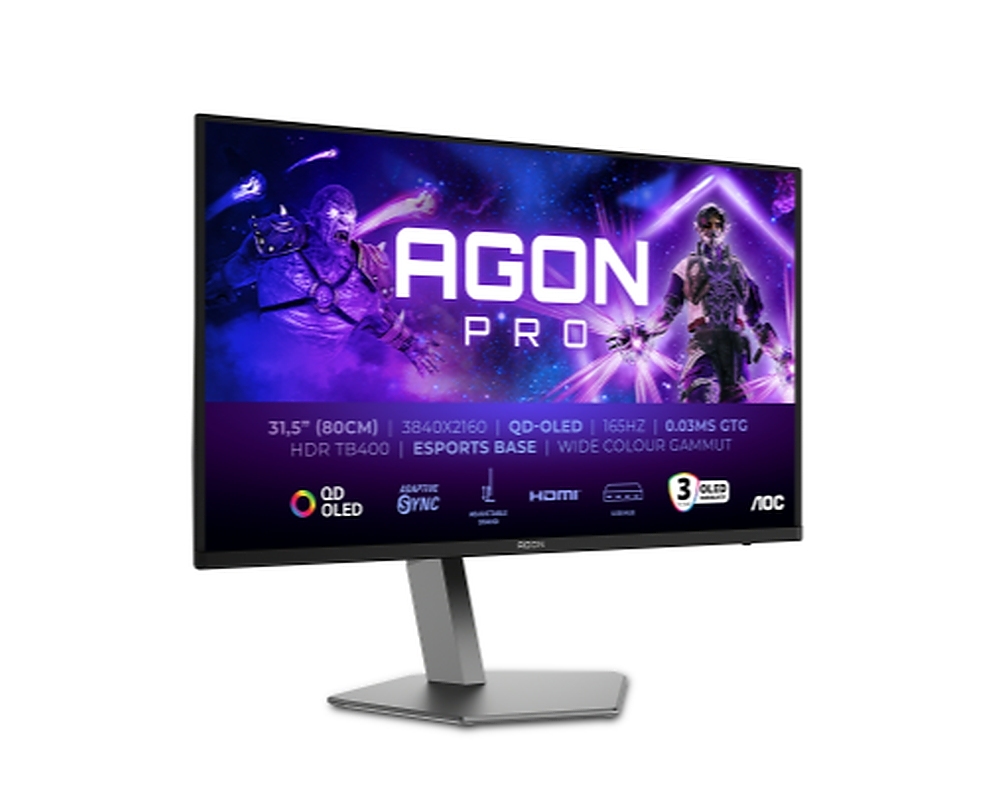 AOC AG326UD, 31.5" QD-OLED, 3840x2160@165Hz, 0.03GtG, 1000cd m/2, 1.5M:1, 80M:1 DCR, Adaptive Sync, FlickerFree, Low Blue Light, 8Wx2, Tilt, Height Adjust, Pivot, Swivel, 2xHDMI, DP, USB hub