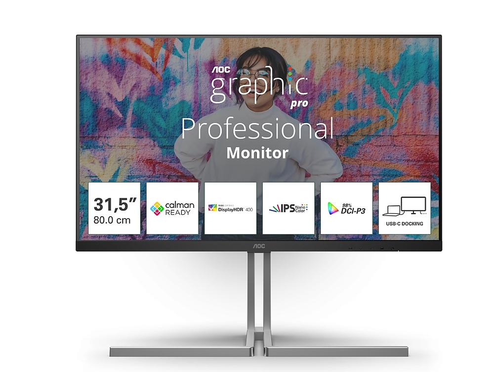 AOC U32U3CV, 31.5" Nano IPS WLED, 3840x2160@60Hz, 4ms GtG, 400cd m/2, 1000:1, 50M:1 DCR, Adaptive Sync, FlickerFree, Anti Blue Light, 3Wx2, Tilt, Height Adjust, Pivot, Swivel, 2xHDMI, DP, USB hub