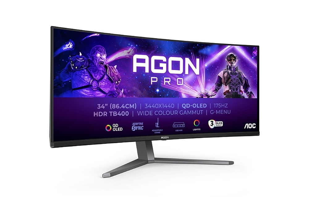 AOC AG346UCD, 34" Curved 1800R QD-OLED, 3440x1440@175Hz, 0.03msGtG, 1000 cd/m2, 1.5M:1, 80M:1DCR, Adaptive Sync, FlickerFree, Low Blue Light, 8Wx2, Tilt, Height Adjust, Swivel, 2xHDMI, DP, USB hub